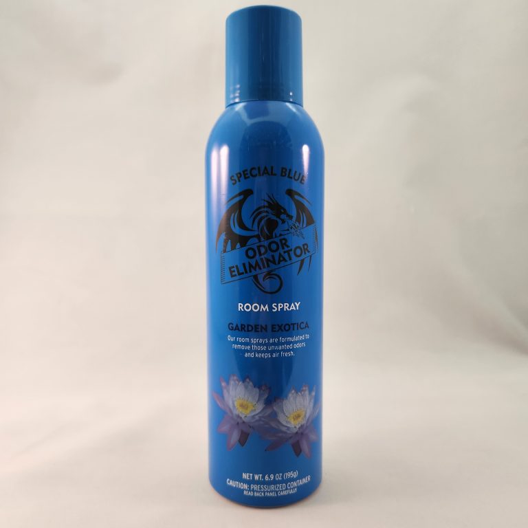 Blue Aerosol can labeled Special Blue Odor Eliminator Garden Exotica