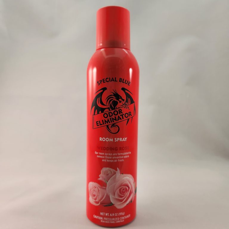 Pink aerosol can reading Special Blue Odor Eliminator Room Spray against a white background