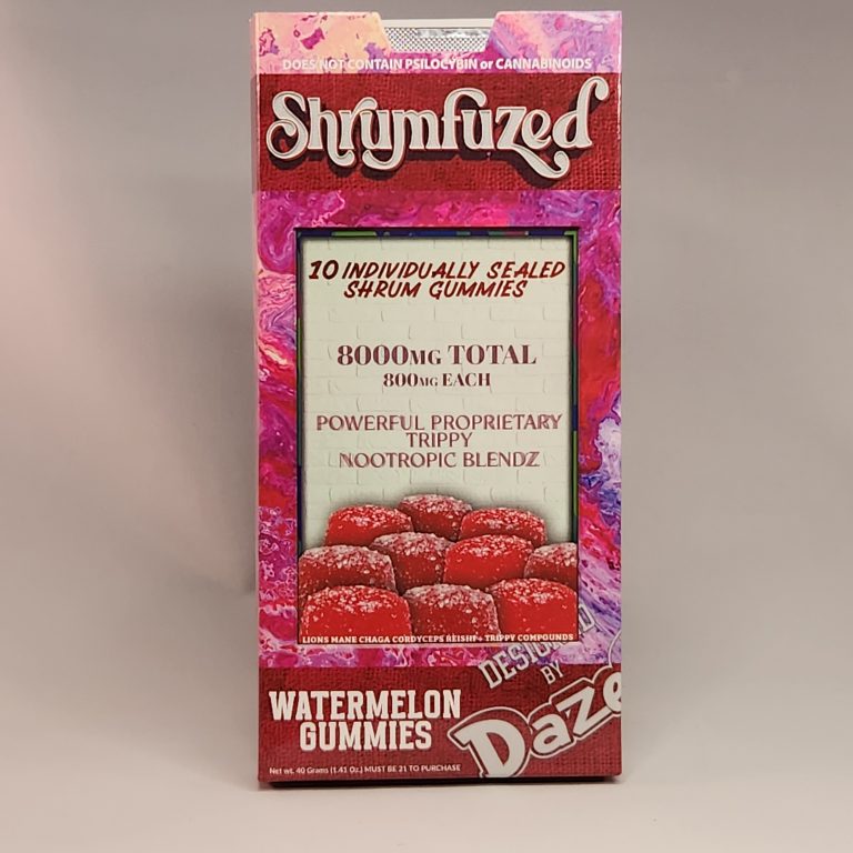 red packaging labeled shrumfuzed gummies watermelon. several gummies are on the front of the box. white back drop.