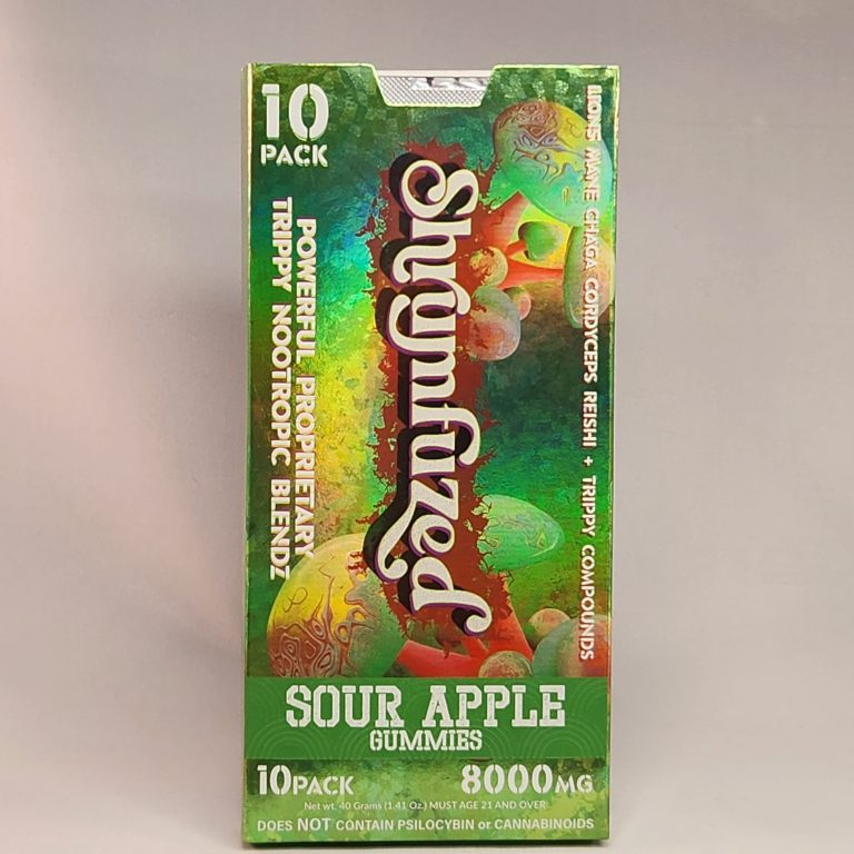 Shrumfuzed 8000mg 10-Pack Gummies Sour Apple package in front of a white backdrop