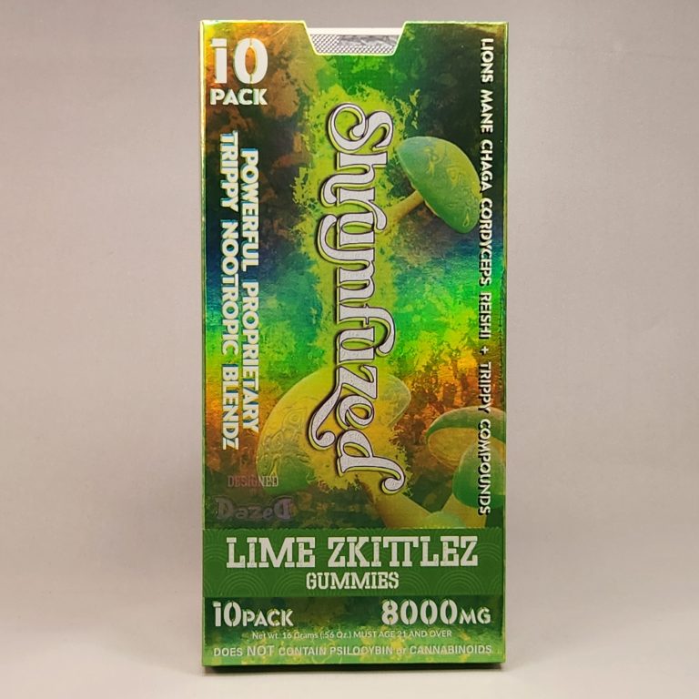 Shrumfuzed 8000mg 10 Pack gummies Lime Zkittlez. White back drop