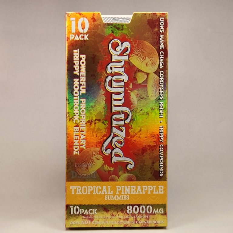 Holographic box labeled "Shrumfuzed 8000mg 10-Pack Gummies Tropical Pineapple" white back drop