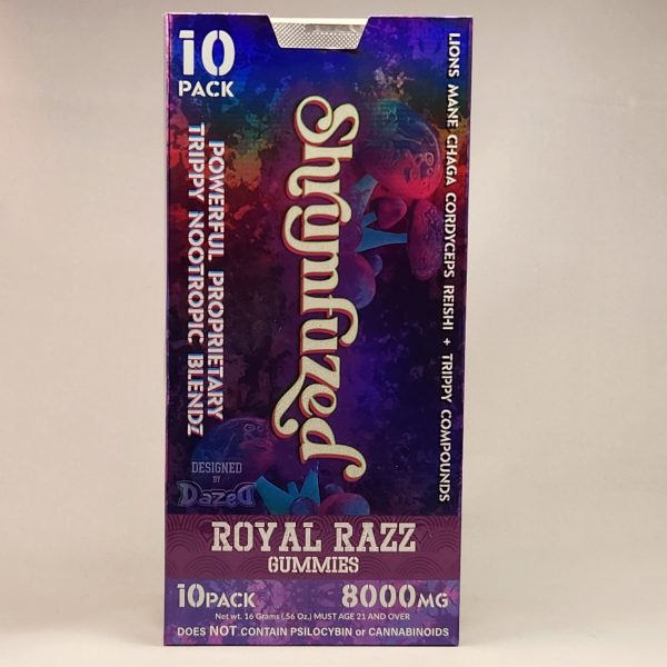 Shrumfuzed box of Royal Razz gummies. white back drop