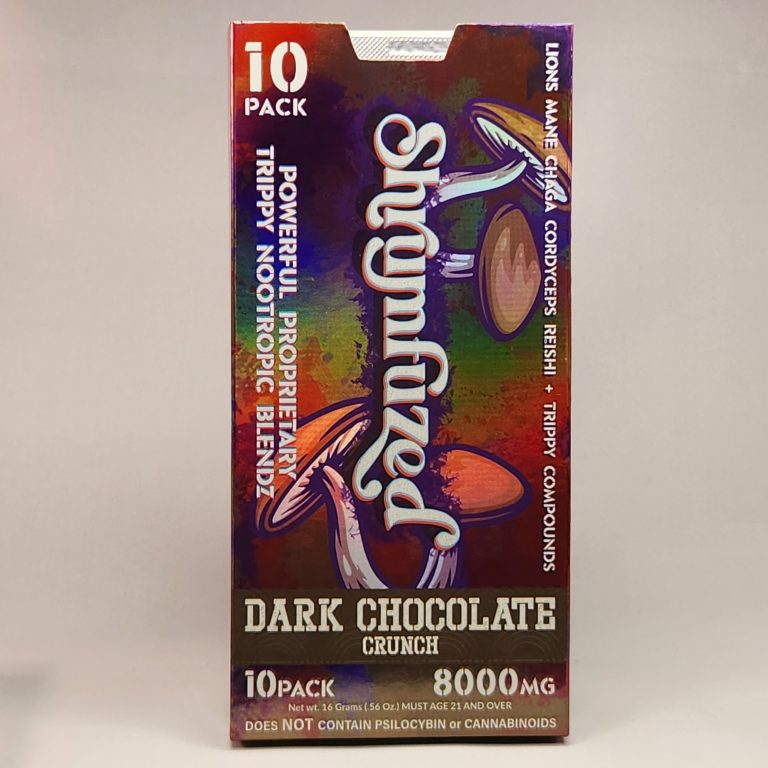 Box Labeled Shrumfuzed DDark Chocolate crunch in front of white back drop